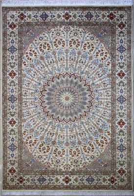 6'1"x9'5" Palatial Floral Pak Persian Rug in Mesmerizing White, Beige & Grey, New 6x9 Wool, Silk Double Knot Achievement, Hand-Knotted Taj Mahal Rug, qk08976