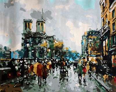 The Phenomenal Rarity: "Strolling Through Paris" in Glittering White, Gold & Green, Brushwork in 16x20(in) Acrylic on Canvas painting, Scenic Art, pa158l