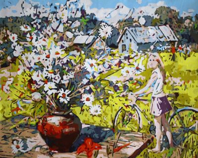 The Enigmatic Magnificence: "Amidst Blossoms and Bicycles" in Miraculous Gold, Turquoise & White, Brushwork in 16x20(in) Acrylic on Canvas painting, Scenic & Impressionism / Everyday Life Art, pa163l