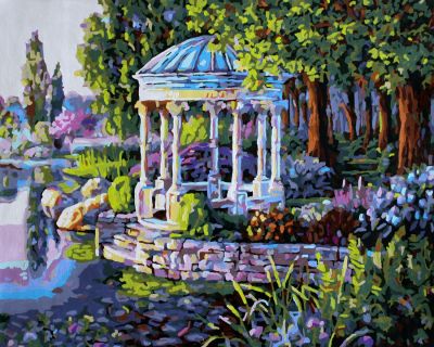 The Magnificent Beauty: "A Gazebo in Heaven" in Elegant Green, Grey & White, Brushwork in 16x20(in) Acrylic on Canvas painting, Scenic & Still Life Art, pa165l