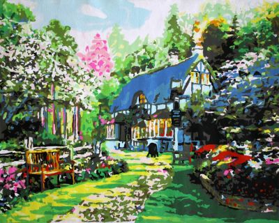 The Outstanding Innovation: "Garden of Dreams" in Sizzling Green, Blue & White, Brushwork in 16x20(in) Acrylic on Canvas painting, Scenic & Still Life Art, pa167l