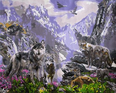 The Astonishing Pinnacle: "Wolf Pack" in Electrifying Purple, Green & Grey, Brushwork in 16x20(in) Acrylic on Canvas painting, Scenic & Natural World Art, pa174l