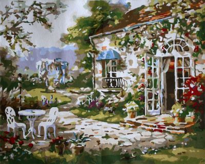 The Astonishing Excellence: "Garden House Charm" in Glittering White, Beige & Green, Brushwork in 16x20(in) Acrylic on Canvas painting, Scenic & Still Life Art, PA179L