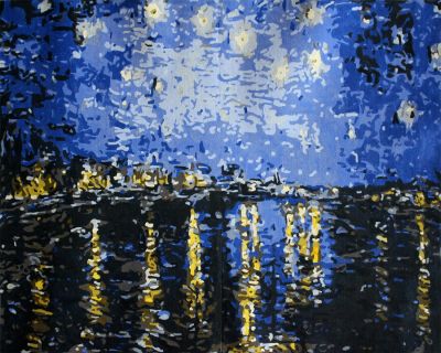 The Hypnotic Creation: "Night Reflections" in Rhythmic Blue, Black & Turquoise, Brushwork in 16x20(in) Acrylic on Canvas painting, Scenic Art, pa175l