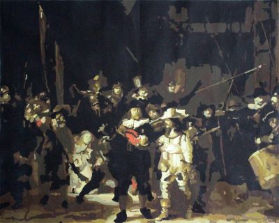 The Sumptuous Wonder: "The Night Watch" in Harmonious Black, Beige & White, Brushwork in 16x20(in) Acrylic on Canvas painting, Figurative & Impressionism / Everyday Life Art, pa185l