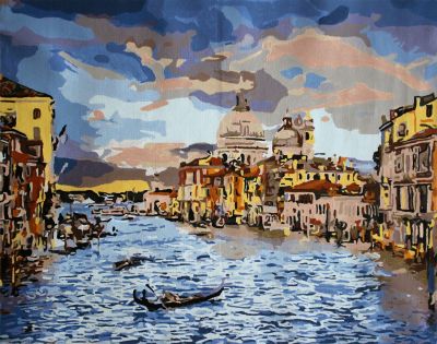 The Enlivening Classic: "Venetian Reflections" in Vibrant Blue, Beige & Gold, Brushwork in 16x20(in) Acrylic on Canvas painting, Scenic Art, pa188l
