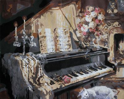 The Exuberant Execution: "Piano Serenade" in Shimmering Brown, Beige & Grey, Brushwork in 16x20(in) Acrylic on Canvas painting, Still Life Art, pa180l