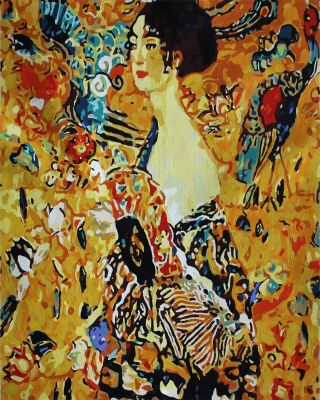 The Fantastic Work of Art: "Lady with fan" in Opulent Gold, Beige & Black, Brushwork in 16x20(in) Acrylic on Canvas painting, Figurative & Conceptual Art, pa184p