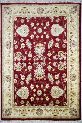 4'1"x6' Outstanding Floral Chobi Ziegler Rug in Miraculous Organic Dyed Red, Grey & White, New 4x6 Wool Double Knot Marvel, Hand-Knotted Rug, qk08979
