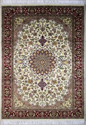 4'1"x6'4" Beaming Floral Pak Persian Rug in Electrifying White, Beige & Red, New 4x6 Wool Double Knot Execution, Hand-Knotted Kashan / Isfahan Rug, qk08987