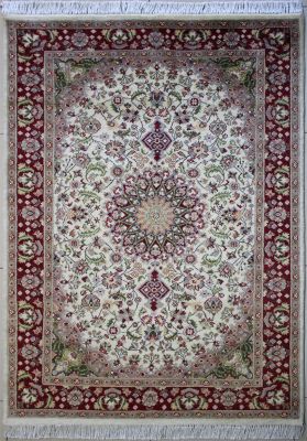 4'1"x6'2" Awe-Inspiring Floral Pak Persian Rug in Grilling White, Beige & Red, New 4x6 Wool Double Knot Elegance, Hand-Knotted Kashan / Isfahan Rug, qk08990