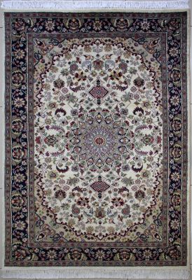 4'1"x6'5" Hypnotic Floral Pak Persian Rug in Electrifying White, Beige & Blue, New 4x6 Wool Double Knot Innovation, Hand-Knotted Kashan / Isfahan Rug, qk08989