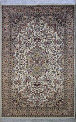 4'11"x7'9" Elated Medallion Pak Persian Rug in Intriguing White, Beige & Grey, New 5x8 Wool Double Knot Handwork, Hand-Knotted Kashan / Isfahan Rug, qk08974