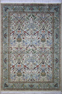 6'x8'10" Enigmatic Floral Pak Persian Rug in Luminous White, Beige & Green, New 6x9 Wool, Silk Double Knot Artwork, Hand-Knotted Bakhtiari Rug, qk08977