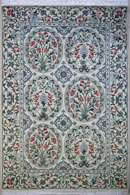 6'1"x8'10" Magnificent Floral Chobi Ziegler Rug in Idyllic Organic Dyed White, Green & Grey, New 6x9 Wool Double Knot Masterwork, Hand-Knotted Contemporary Rug, qk08978