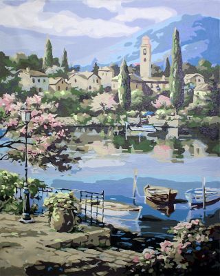 The Majestic Masterpiece: "Riverside Haven" in Dazzling Turquoise, Beige & Green, Brushwork in 16x20(in) Acrylic on Canvas painting, Scenic & Still Life Art, pa120p