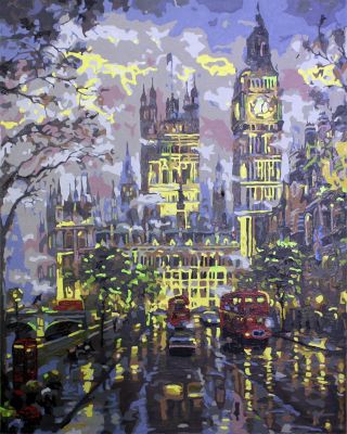 The Serene Innovation: "Rainy Night in London" in Mysterious White, Gold & Grey, Brushwork in 16x20(in) Acrylic on Canvas painting, Scenic & Impressionism / Everyday Life Art, pa119p