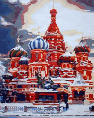 The Incomparable Manifestation: "Snowy Splendor: Red Square, Moscow" in Intoxicating White, Grey & Red, Brushwork in 16x20(in) Acrylic on Canvas painting, Scenic & Impressionism / Everyday Life Art, pa117p