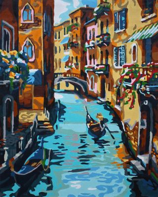 The Melodic Opus: "Gondola Serenade" in Gorgeous Gold, Grey & Turquoise, Brushwork in 16x20(in) Acrylic on Canvas painting, Scenic & Impressionism / Everyday Life Art, pa113p