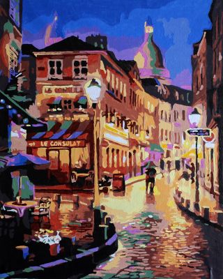 The Surreal Manifestation: "Montmartre's Parisian Nocturne" in Exhilarating Gold, Reddish Brown & Turquoise, Brushwork in 16x20(in) Acrylic on Canvas painting, Scenic Art, pa104p