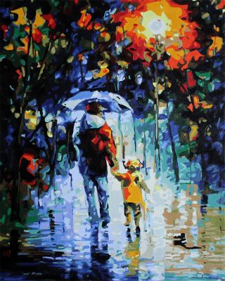 The Lustrous Pinnacle: "Rainy Day Stroll" in Heavenly Black, Blue & White, Brushwork in 16x20(in) Acrylic on Canvas painting, Impressionism / Everyday Life Art, pa101p