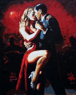 The Pizazzy Excellence: "A Tango of Passion" in Magnetic Red, Black & Brown, Brushwork in 16x20(in) Acrylic on Canvas painting, Figurative & Impressionism / Everyday Life Art, pa122p
