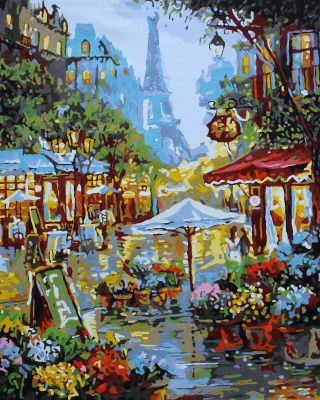 The Delightful Innovation: "Parisian Boulevard" in Appealing Grey, Green & Turquoise, Brushwork in 16x20(in) Acrylic on Canvas painting, Scenic & Impressionism / Everyday Life Art, pa123p