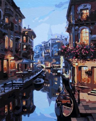 The Brilliant Contribution: "Venetian Nightfall: Canal's Embrace" in Entrancing Turquoise, Beige & Grey, Brushwork in 16x20(in) Acrylic on Canvas painting, Scenic & Impressionism / Everyday Life Art, pa129p