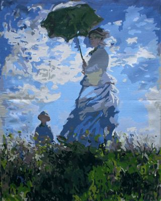 The Lovely Rarity: "Sheltered: Woman and Boy in Field" in Vivid Turquoise, Green & White, Brushwork in 16x20(in) Acrylic on Canvas painting, Scenic & Conceptual Art, pa131p