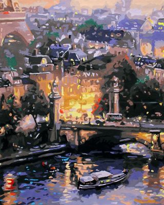 The Invigorating Handwork: "Night Lights: Urban River Scene" in Electrifying Grey, Purple & Reddish Brown, Brushwork in 16x20(in) Acrylic on Canvas painting, Scenic Art, pa133p