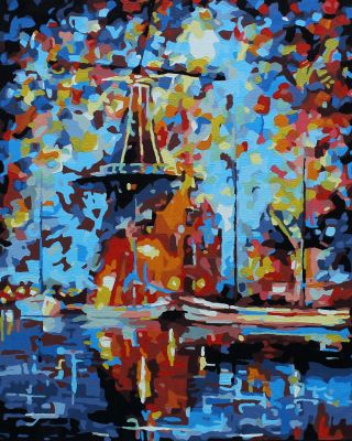 The Divine Artistry: "Dreamscape by the Mill" in Warming Turquoise, Gold & Red, Brushwork in 16x20(in) Acrylic on Canvas painting, Scenic & Conceptual Art, pa135p