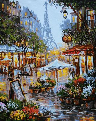 The Invigorating Gem: "Parisian Boulevard" in Majestic Grey, Gold & Green, Brushwork in 16x20(in) Acrylic on Canvas painting, Scenic Art, pa145p