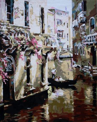 The Elated Marvel: "A Glimpse of Venice" in Dazzling White, Beige & Black, Brushwork in 16x20(in) Acrylic on Canvas painting, Scenic & Impressionism / Everyday Life Art, pa146p