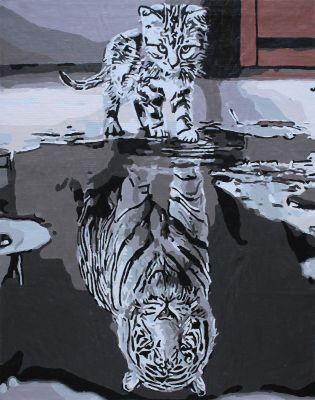 The Regal Conception: "From Kitten To King" in Enriching White, Black & Grey, Brushwork in 16x20(in) Acrylic on Canvas painting, Natural World Art, pa148p