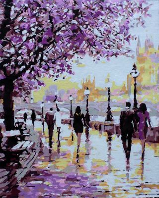The Tranquil Handiwork: "Blossoms & Serenity" in Irresistible White, Black & Purple, Brushwork in 16x20(in) Acrylic on Canvas painting, Scenic & Impressionism / Everyday Life Art, pa149p