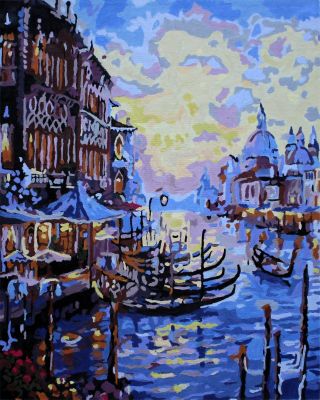 The Prestigious Artistry: "Gondolas of Venice" in Phenomenal Blue, Black & Brown, Brushwork in 16x20(in) Acrylic on Canvas painting, Scenic Art, pa150p