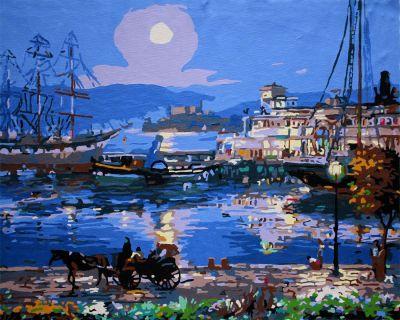 The Grand Workmanship: "Moonlit Harbor Serenade" in Intriguing Blue, Grey & Reddish Brown, Brushwork in 16x20(in) Acrylic on Canvas painting, Scenic & Impressionism / Everyday Life Art, pa160l