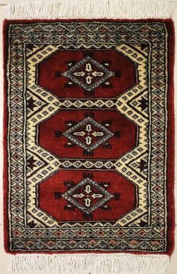 1'5x2'0 Bokhara Jaldar Area Rug with Wool Pile - Geometric Diamond Design | Hand-Knotted in Red