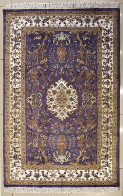 4'1x6'5 Pak Persian Area Rug with Silk & Wool Pile - Pictorial Hunting Shikargah Design | Hand-Knotted in Purple