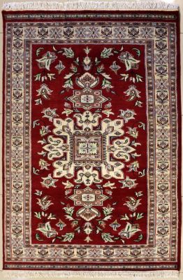 4'1x6'4 Caucasian Design Area Rug with Silk & Wool Pile - Geometric Design | Hand-Knotted in Red