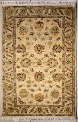 3'2x5'0 Chobi Ziegler Area Rug made using Vegetable dyes with Wool Pile - Floral Design | Hand-Knotted in White