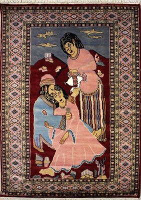 3'11x6'1 Pak Persian Area Rug with Silk & Wool Pile - Pictorial Umar-e-Khayyam Design | Hand-Knotted in Red