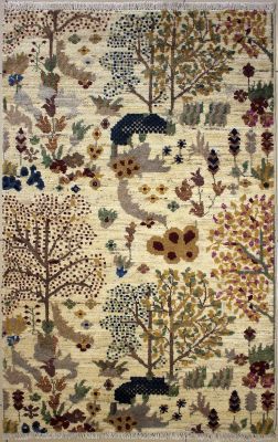 3'0x5'0 Chobi Ziegler Area Rug made using Vegetable dyes with Wool Pile - Floral Design | Hand-Knotted in White