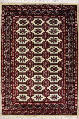 4'1x6'3 Bokhara Jaldar Area Rug with Wool Pile - Geometric Design | Hand-Knotted in Ivory