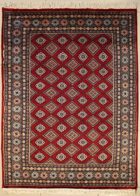 4'7x5'11 Bokhara Jaldar Area Rug with Wool Pile - Geometric Diamond Design | Hand-Knotted in Red