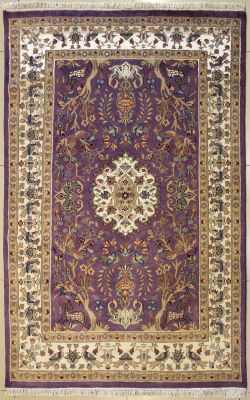 4'2x6'5 Pak Persian Area Rug with Silk & Wool Pile - Pictorial Hunting Shikargah Design | Hand-Knotted in Purple