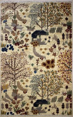 3'0x4'11 Chobi Ziegler Area Rug made using Vegetable dyes with Wool Pile - Floral Design | Hand-Knotted in White