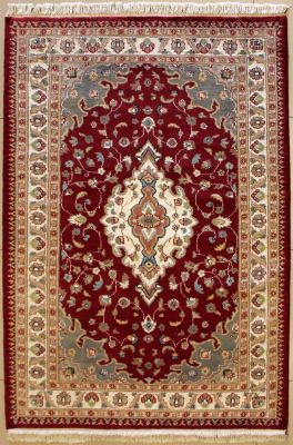 4'2x6'1 Pak Persian Area Rug with Silk & Wool Pile - Floral Medallion Design | Hand-Knotted in Red