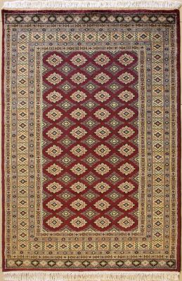 4'2x6'1 Bokhara Jaldar Area Rug with Silk & Wool Pile - Geometric Diamond Design | Hand-Knotted in Purple