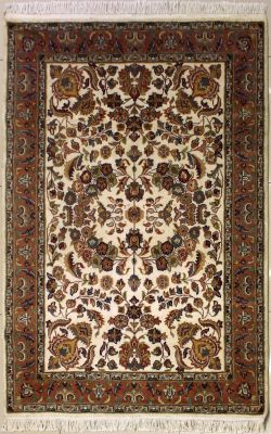4'3x6'1 Pak Persian Area Rug with Silk & Wool Pile - Floral Design | Hand-Knotted in Ivory